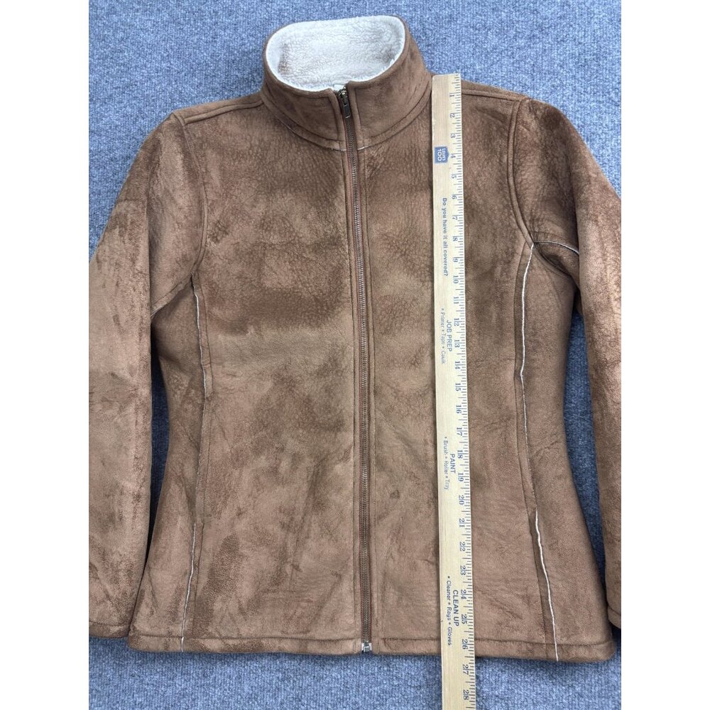 VNTG PrAna Jacket Womens Large Brown Faux Suede Sherpa Fleece Lined Zip Pockets - Picture 3 of 9